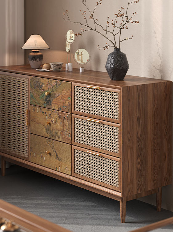 Rattan Sideboard Cabinet, Solid Wood Buffet Cabinet with Cane Door and Landscape Art Drawers, Modern Asian Inspired Credenza for Dining Room, Living Room, Entryway, Hallway, and Storage Decor