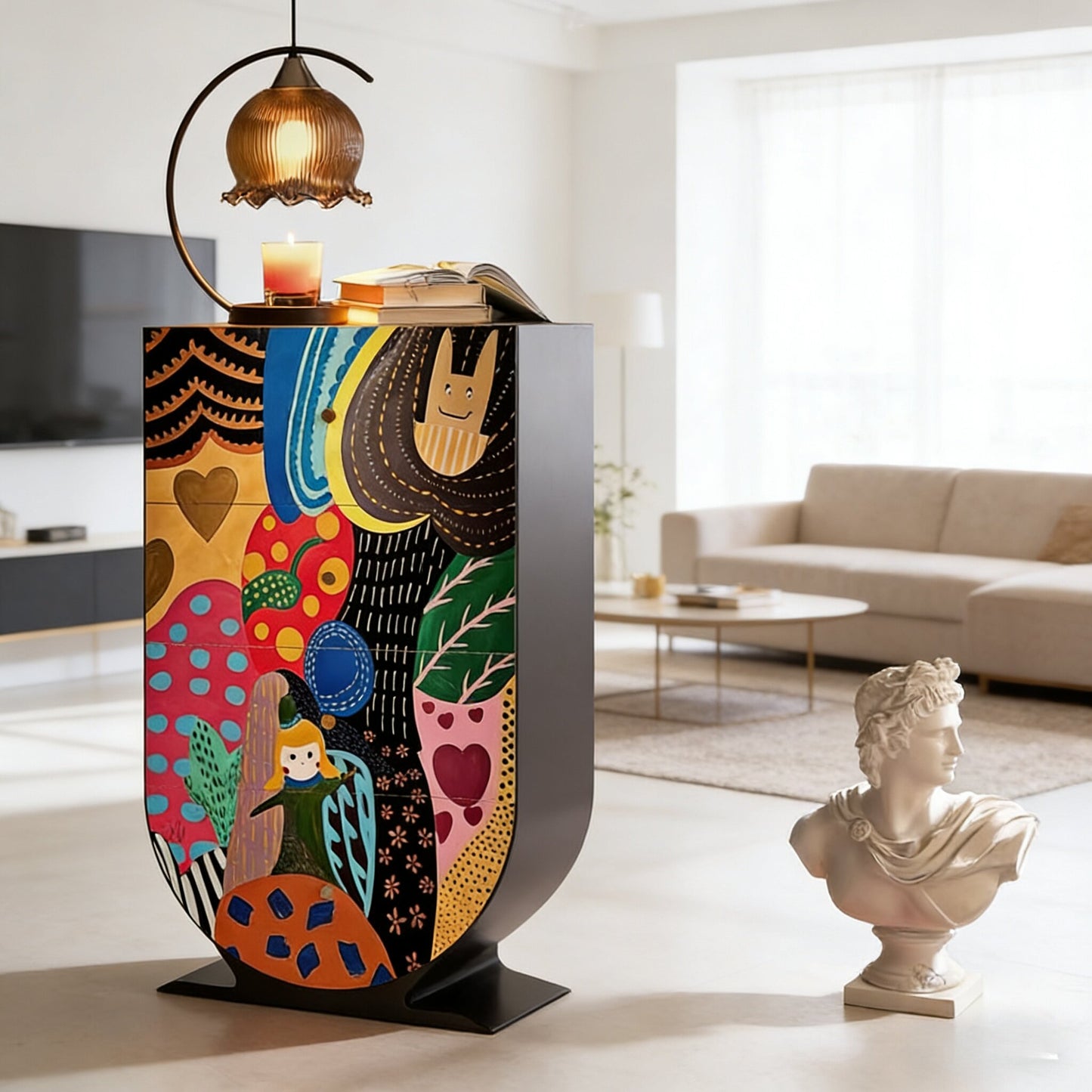 Colorful Painted 4 Drawer Accent Cabinet, Artistic Pine Wood Storage Chest, Modern Whimsical Entryway Cabinet for Kids Room, Bedroom, Living Room, Hallway, Playroom