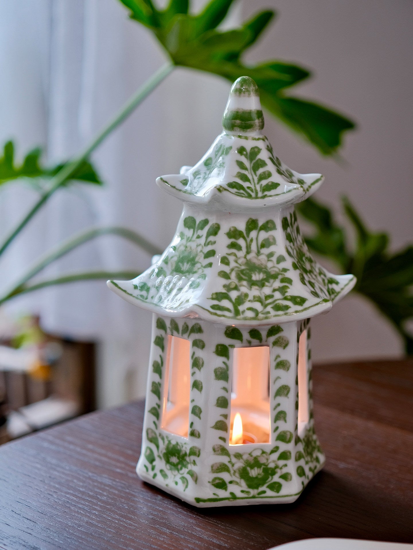 Green Floral Ceramic Pagoda Candle Holder, Decorative Tealight Lantern
