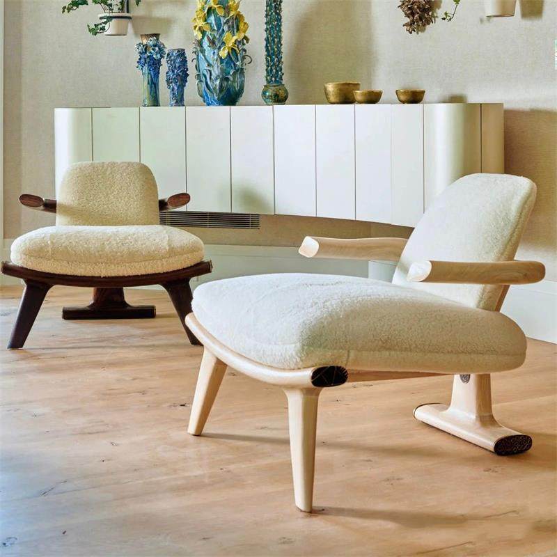 Walnut Wood Sherpa Accent Chair, Modern Solid Wood Lounge Armchair with Upholstered Seat and Back, Mid Century Single Sofa Chair for Living Room, Bedroom, Reading Nook, Hotel Lounge