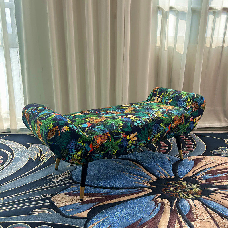 Navy Green Jungle Animal Print Upholstered Bench, Curved End-of-Bed Accent Ottoman with Black and Gold Legs, Modern Vintage Entryway Bench for Bedroom, Living Room, Foyer and Walk-In Closet