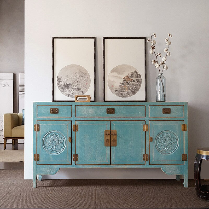 Distressed Blue 4-Door Sideboard with 3 Drawers, Vintage Storage Cabinet