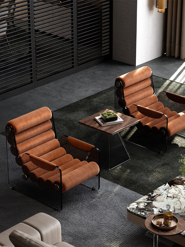 Modern Leather Lounge Chair, Floating Style Single Sofa Chair with Brown Full Grain Leather Cushions and Smoked Acrylic Side Panels, Luxury Accent Recliner Chair for Living Room, Bedroom, Office, Villa and Reading Corner
