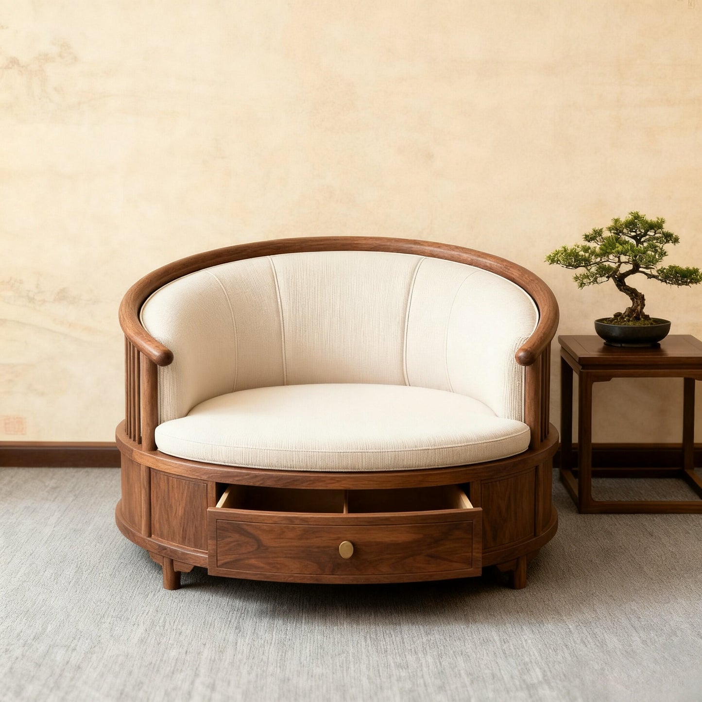 Ash Wood Barrel Chair with Storage Drawer and White Cushion