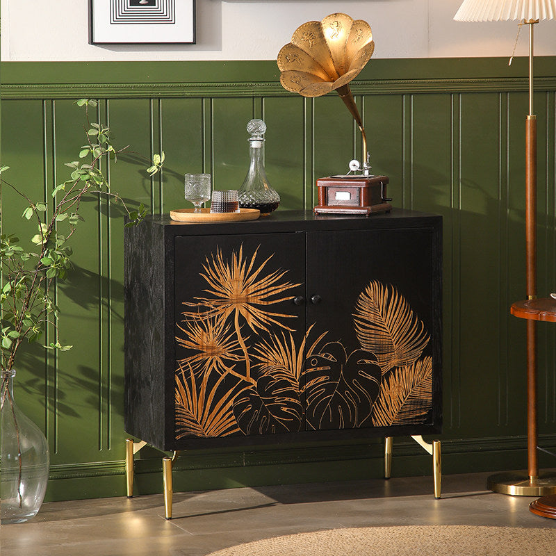 Black Wood Accent Cabinet, Gold Botanical 2-Door Storage, 31.5 Inch