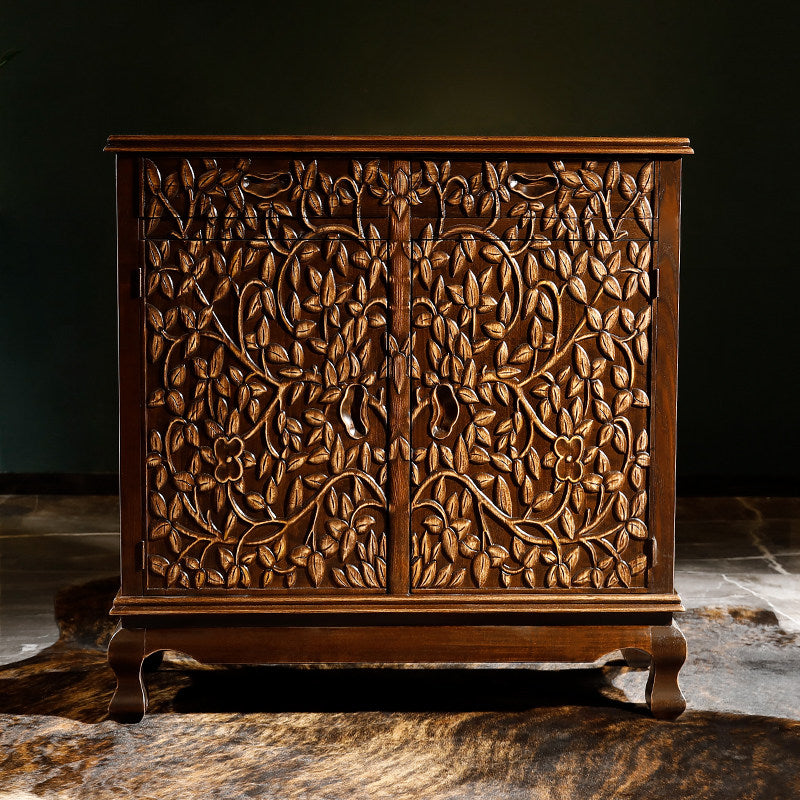 Antique Brown Solid Wood 2-Door Accent Cabinet, Carved Bodhi Tree Botanical Relief Entryway Storage Cupboard with Raised Legs for Foyer, Living Room, Hallway and Dining Room