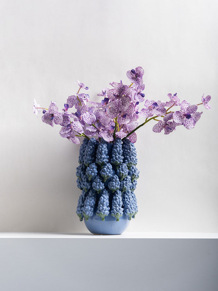 3 Blue Ceramic Grape Vases with 6 Purple Orchid Stems, 9-Piece Set