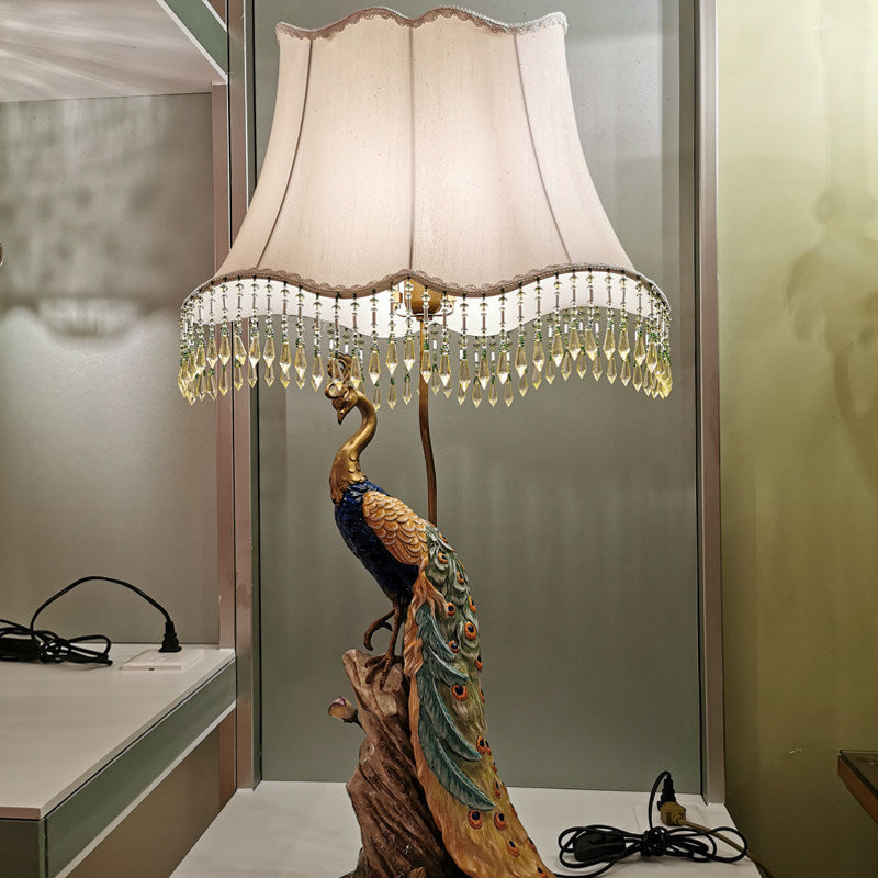 Peacock Table Lamp with Beaded Fabric Shade, Luxury Bird Statue Bedside Lamp, Decorative Accent Lighting for Living Room, Bedroom, Office, Study Room, Nightstand and Console Table