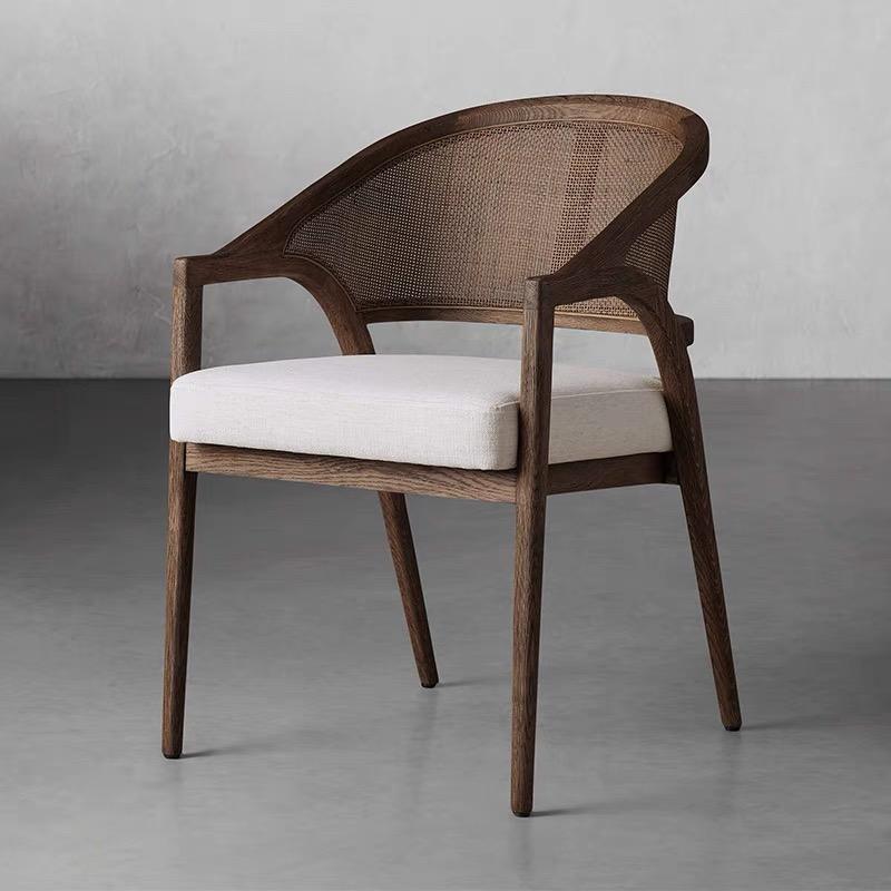 French Cane Back Dining Chair, Solid Wood Armchair with Cream Upholstered Seat, Rattan Accent Chair for Dining Room, Kitchen, Restaurant, Cafe, Living Room