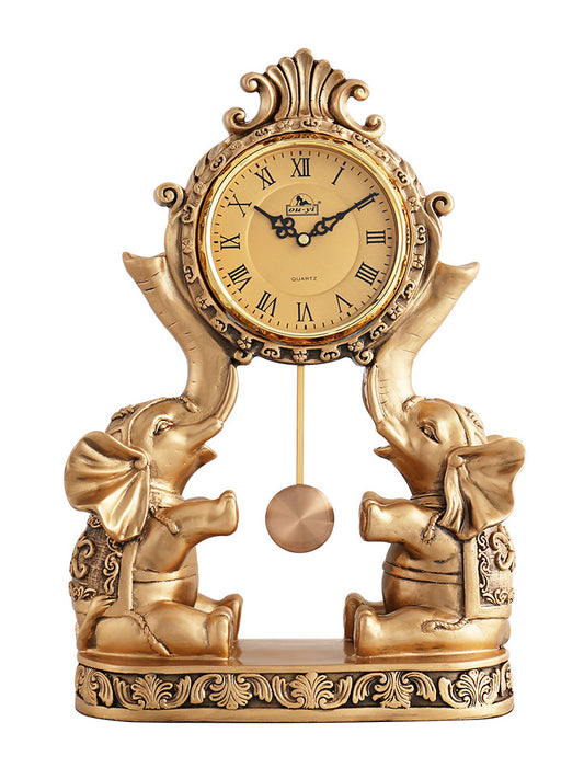 Antique Gold Resin Elephant Mantel Clock with Pendulum