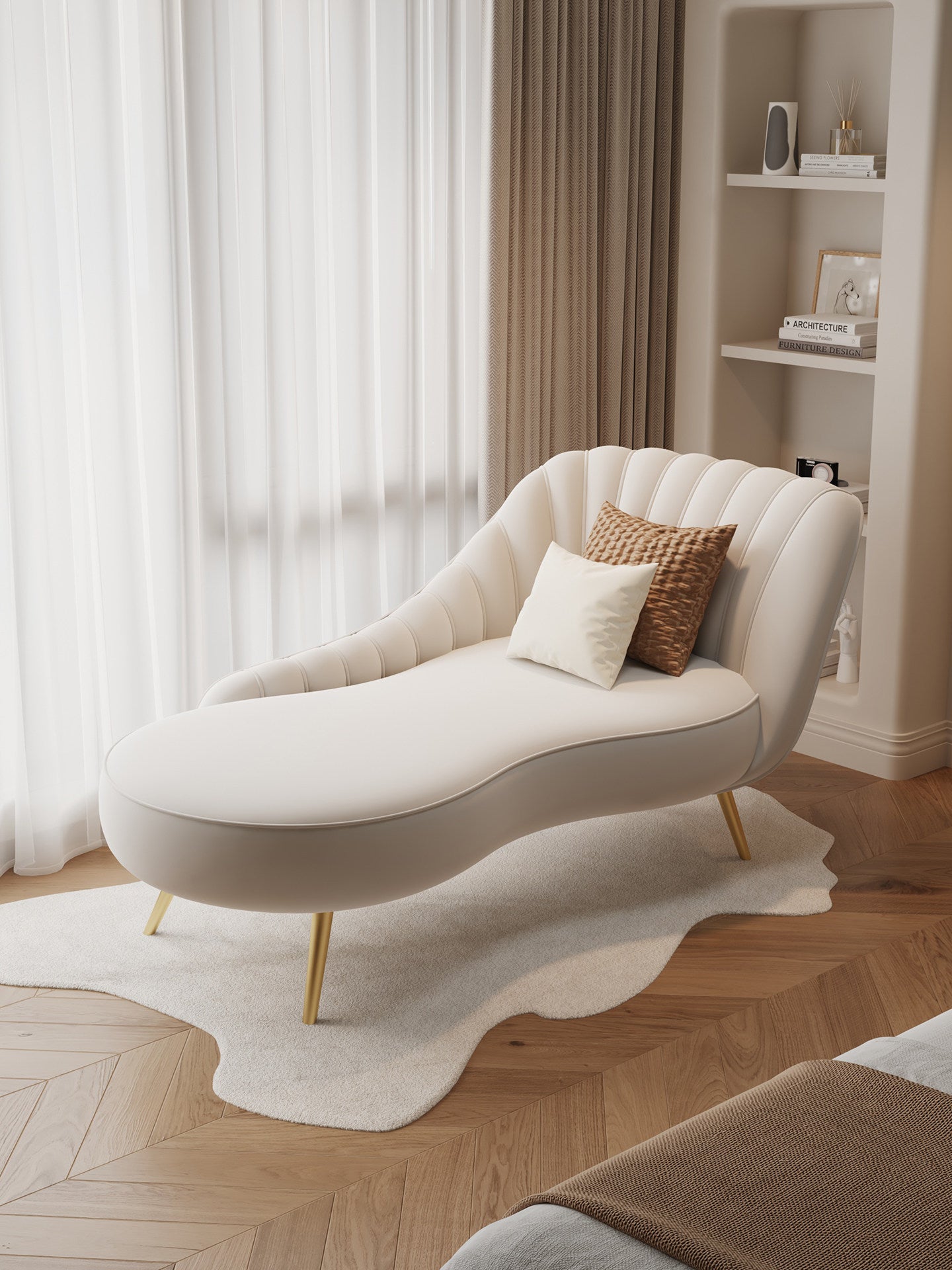 Cream Velvet Curved Chaise Lounge Sofa with Channel-Tufted Shell Back, High-Density Foam Cushion, Solid Wood Frame and Gold-Tone Legs for Living Room, Bedroom, Hotel and Reception Area