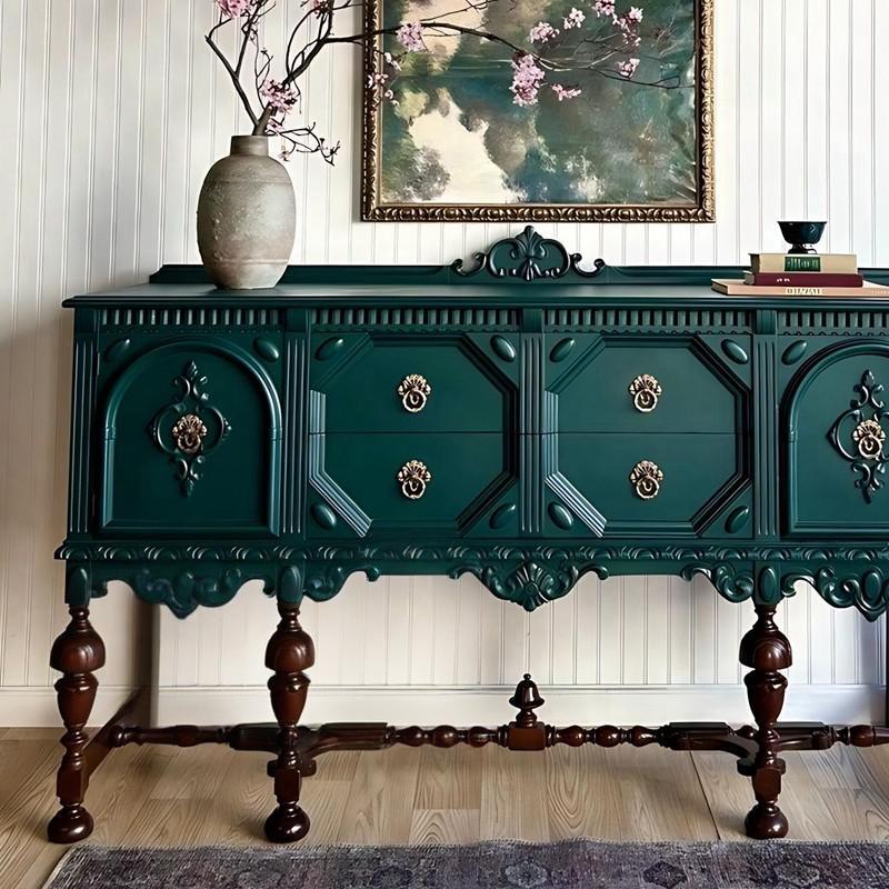 Carved Solid Wood Sideboard Buffet Cabinet, 4 Drawers and 2 Doors, Dark Teal Green Credenza with Decorative Ring Pulls for Dining Room, Living Room or Entryway