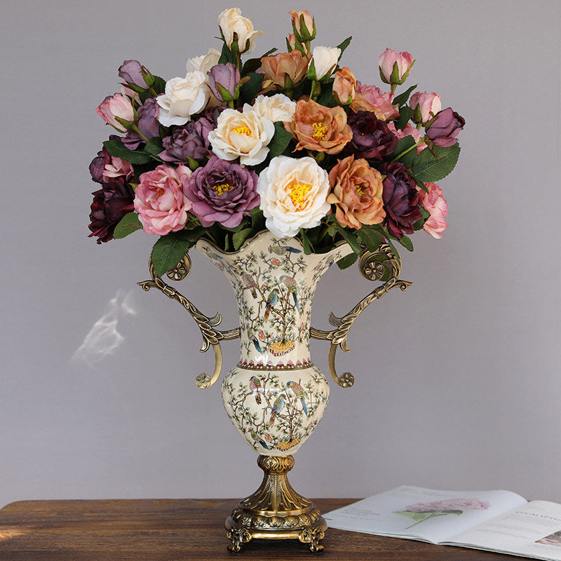 Large Ceramic Urn Vase with Ornate Metal Handles, Bird Floral Design