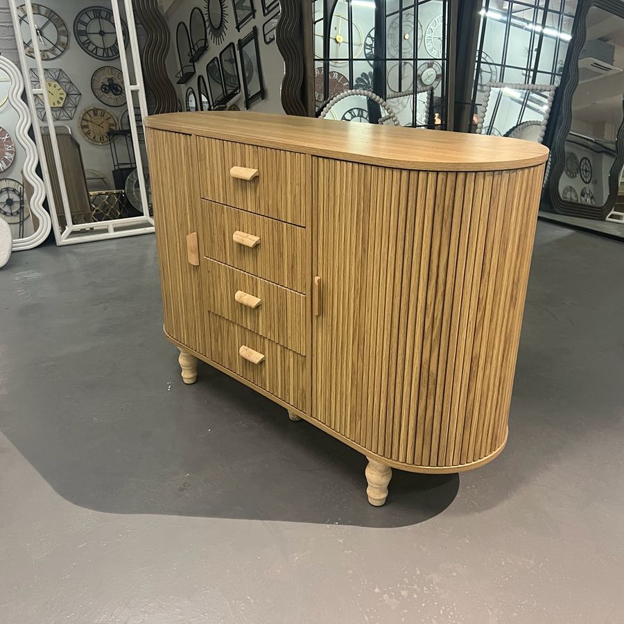 Natural Wood Fluted Sideboard, 4 Drawers and 2 Doors