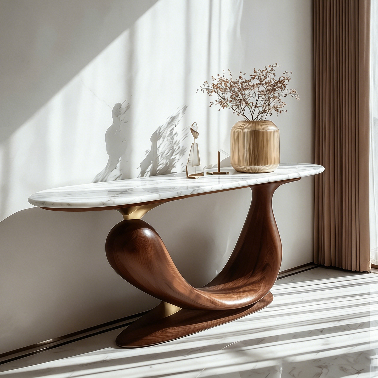 Modern Console Table with Stone Top, Sculptural Wood Entryway Table for Foyer