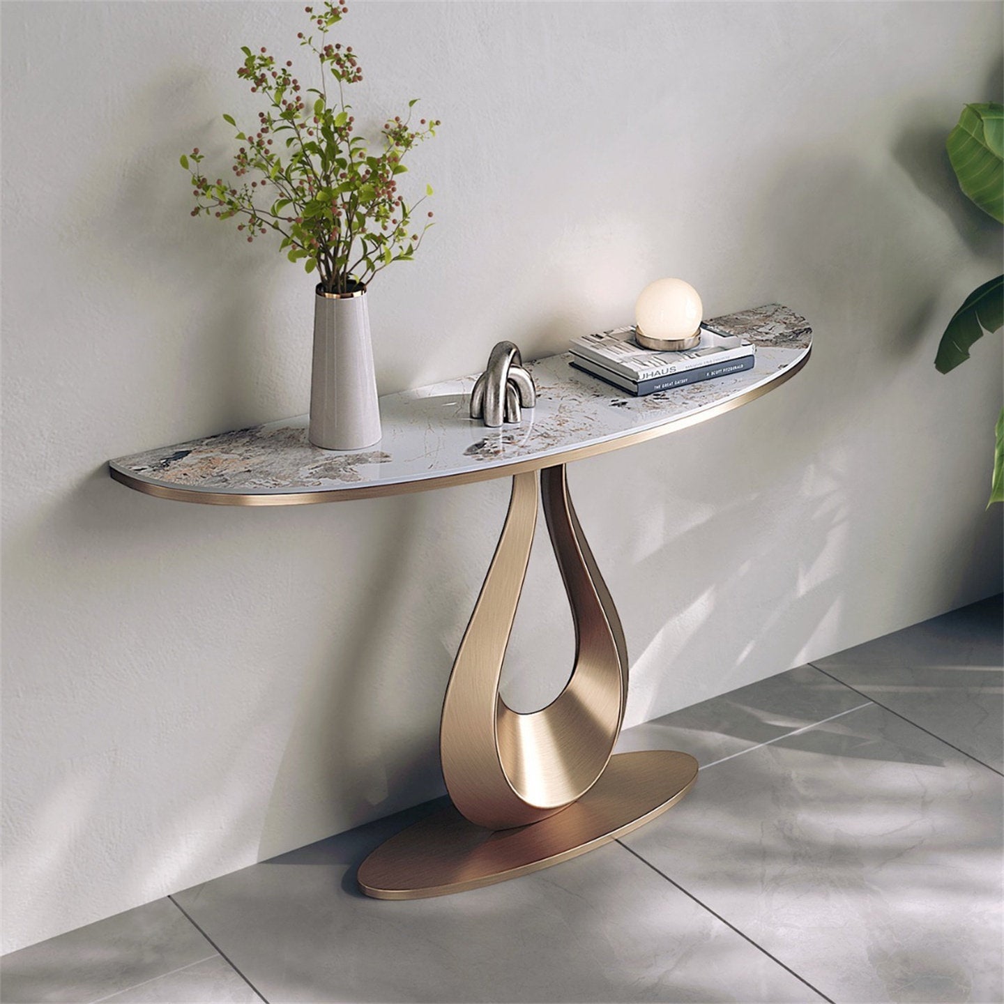 Champagne Gold Half-Moon Console Table, Stone-Look Top