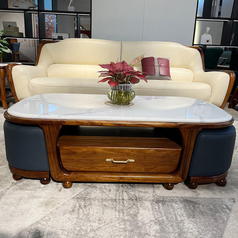 Wenge Wood Coffee Table with Marble Top, Drawer and 2 Stools