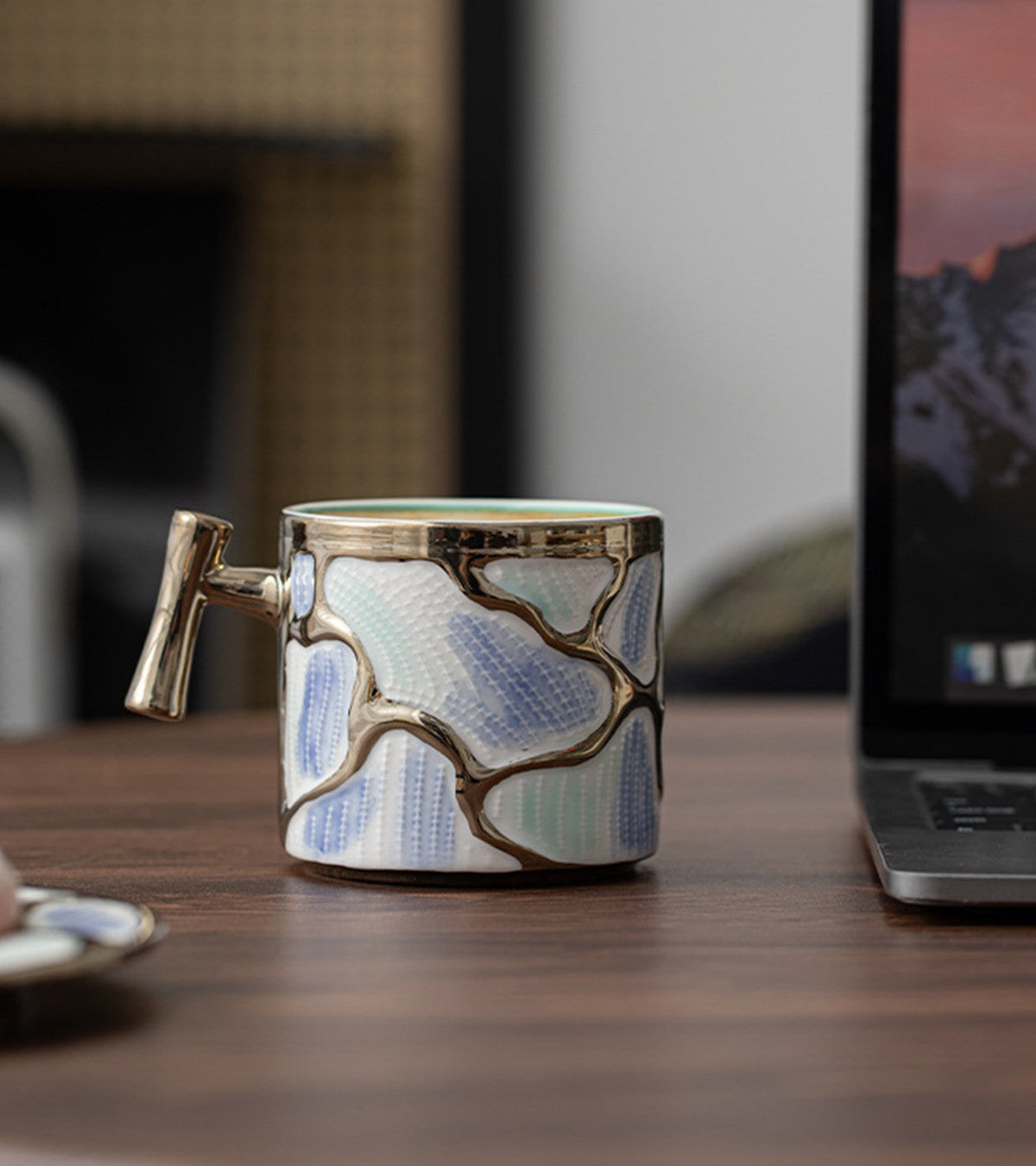 Modern Metallic Ceramic Coffee Cup and Saucer Set with Wood-Look Handle, 11 oz Espresso Latte Mug for Cappuccino, Tea, Hot Chocolate and Everyday Use
