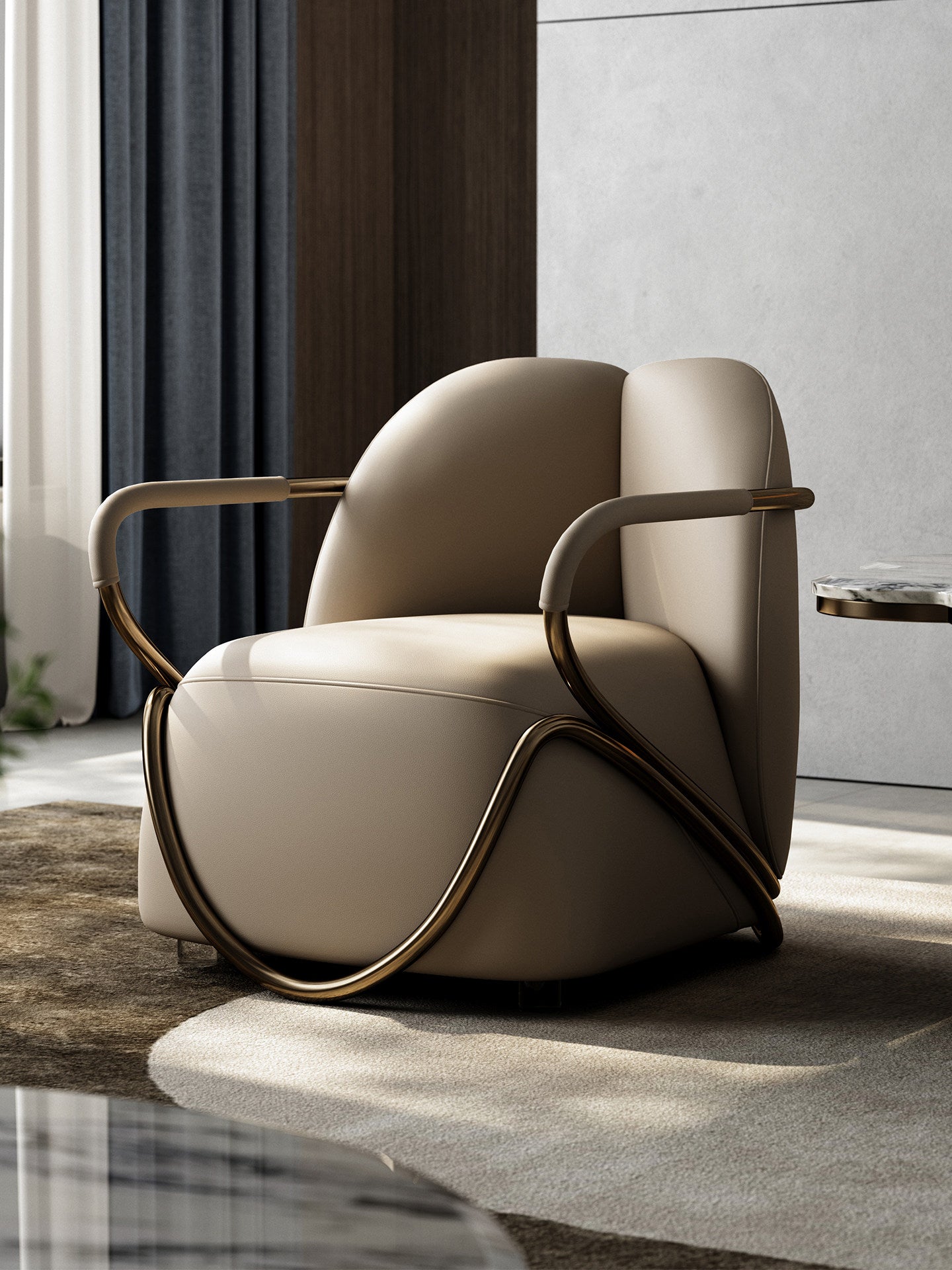 Beige Leather Accent Chair, Modern Lounge Chair with Bronze Metal Frame, Upholstered Single Sofa Chair with Curved Back and Arms for Living Room, Bedroom, Villa, Reading Corner