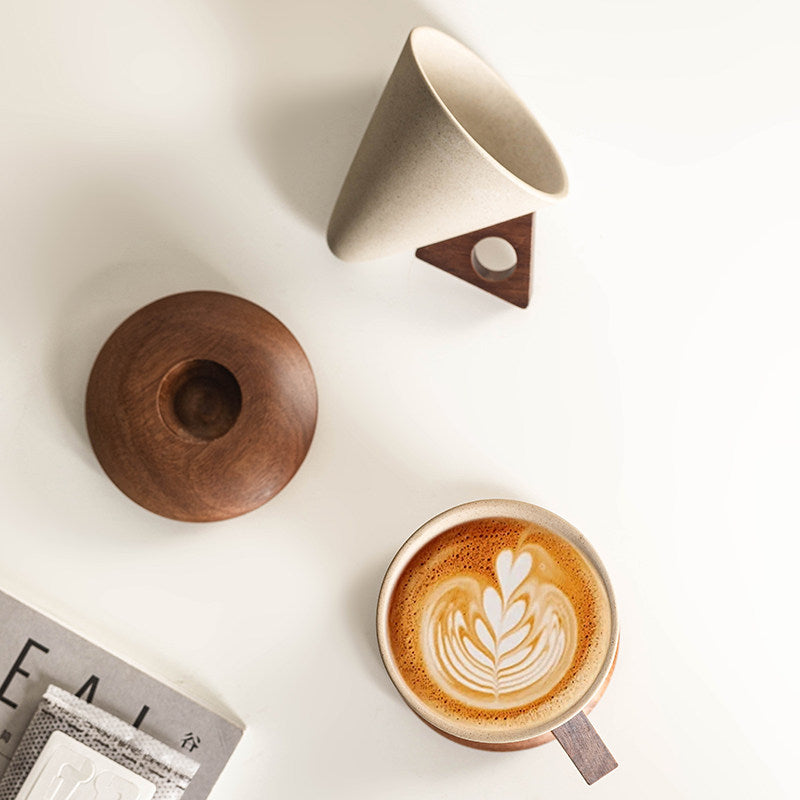 Ceramic Coffee Cup with Acacia Wood Handle and Saucer, 8.5 oz Beige Mug