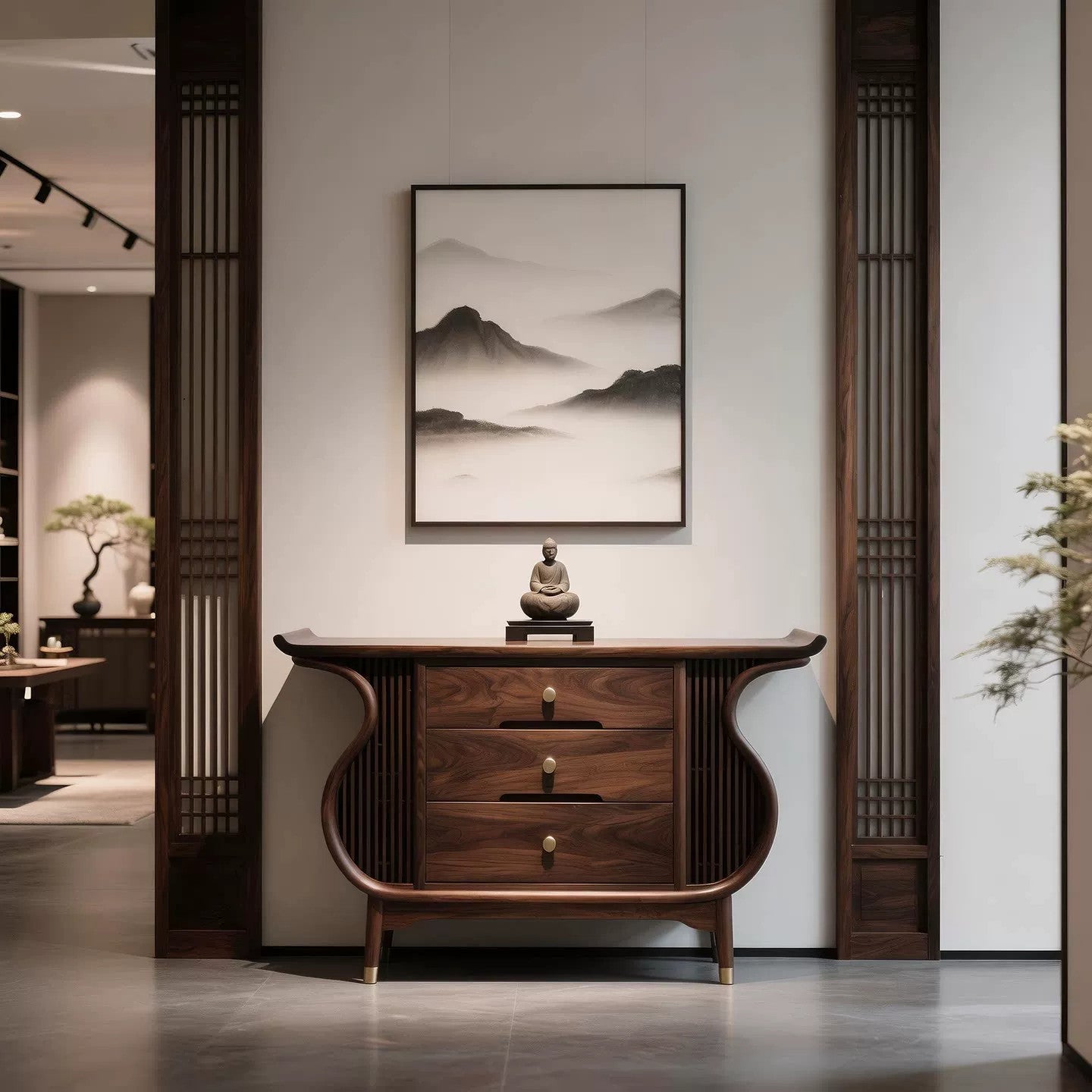 Modern Solid Ash Wood Entryway Cabinet with 3 Drawers, Mid-Century Curved Console Cabinet, Walnut Finish Storage Sideboard, Wooden Accent Buffet Cabinet for Entryway, Living Room, Dining Room &amp; Hallway
