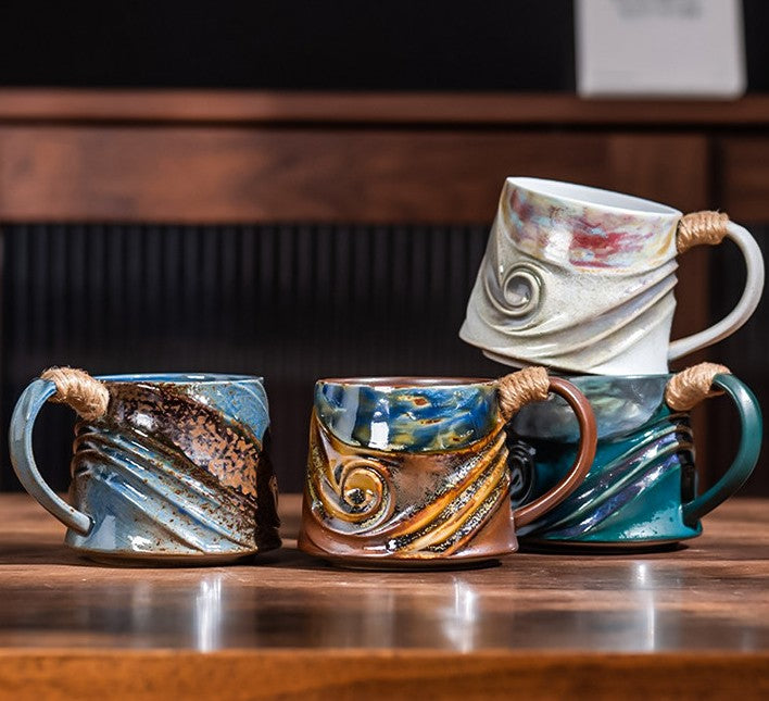 Blue Brown Ceramic Coffee Mug with Rope-Wrapped Handle, 10.8 oz