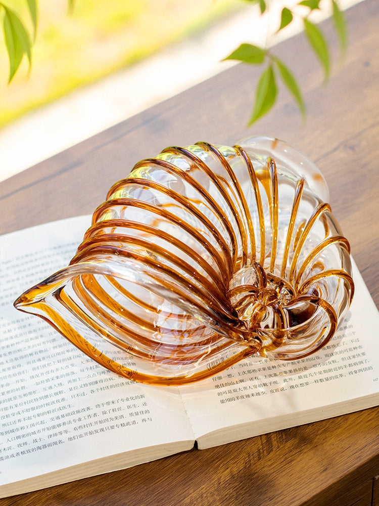 Amber Glass Conch Shell Vase, Large Nautilus Decorative Tabletop Sculpture