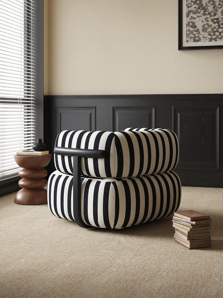Black and White Striped Fabric Accent Chair with Rounded Cushions and Black Carbon Steel Tubular Frame, Modern Retro Lounge Armchair for Living Room, Bedroom, Apartment and Hotel