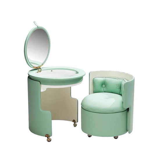 Mint Green Round Vanity Table Set with Flip Mirror and Rolling Storage Chair