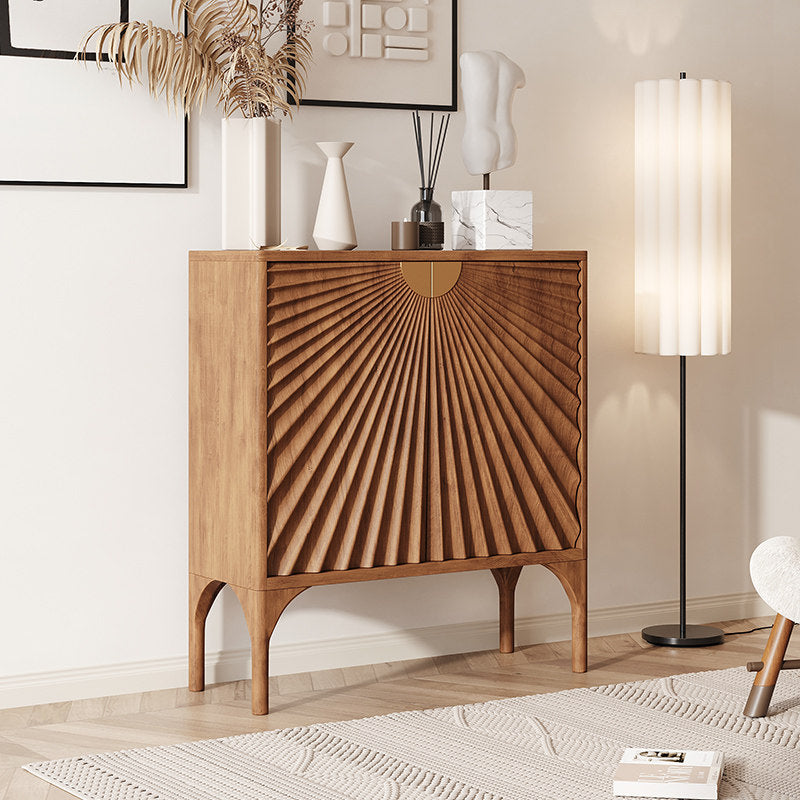 Walnut Brown Carved Wood Entryway Cabinet, Modern Accent Storage Cabinet, Sunburst Door Sideboard Console for Foyer, Living Room, Dining Room, Hallway, Bedroom