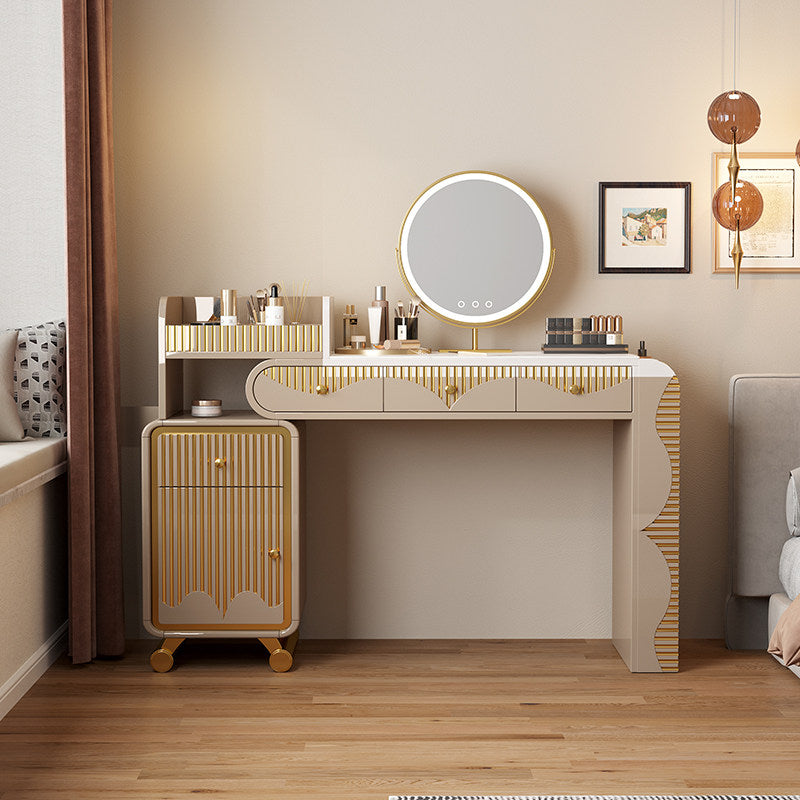 Modern Vanity Desk with Round LED Mirror, Sintered Stone Top Makeup Table with Fluted Gold-Tone Accents, Drawers, Side Storage Cabinet and Cosmetic Organizer for Bedroom