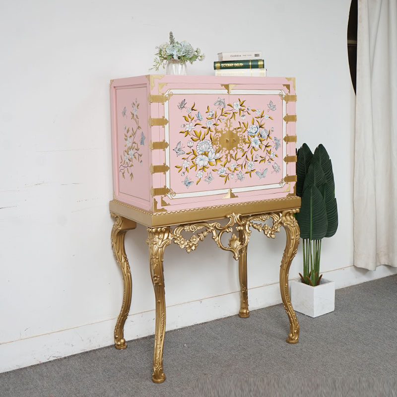 Pink and Gold European Style Accent Cabinet, Baroque Inspired Floral Painted Storage Cabinet with Tall Ornate Legs, Decorative 2 Door Cabinet for Bedroom, Living Room, Entryway, Dressing Area, and Home Bar