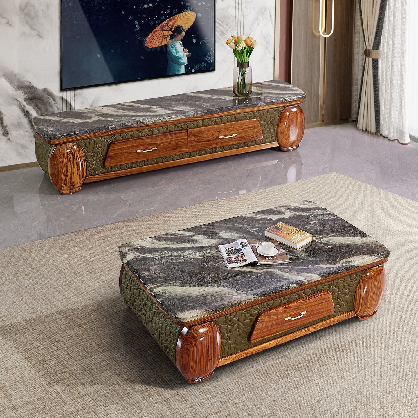 Wenge Wood Coffee Table with Marble Top and Storage Drawer