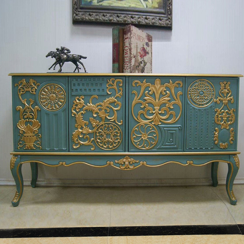 Teal Solid Wood Sideboard, Gold-Tone Carved 4-Door Storage Cabinet