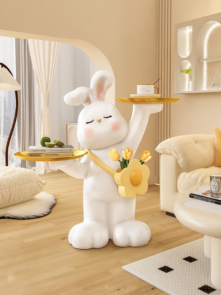 White Resin Rabbit Side Table with Dual Gold Stainless Steel Trays, Cute Sculptural Bunny Accent End Table for Living Room, Bedroom, Nursery, Sofa Side and Small Spaces