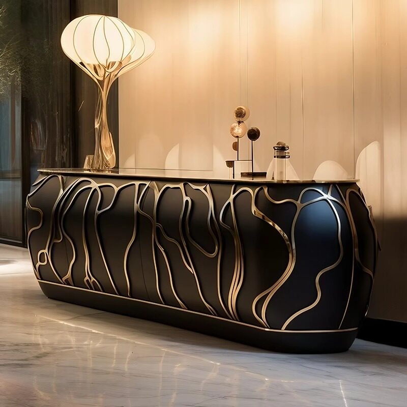Black and Gold Abstract Sideboard Cabinet, Modern Luxury Credenza with Sculptural Pattern Front, Low Buffet Storage Cabinet for Dining Room, Living Room, Entryway and Hotel Decor