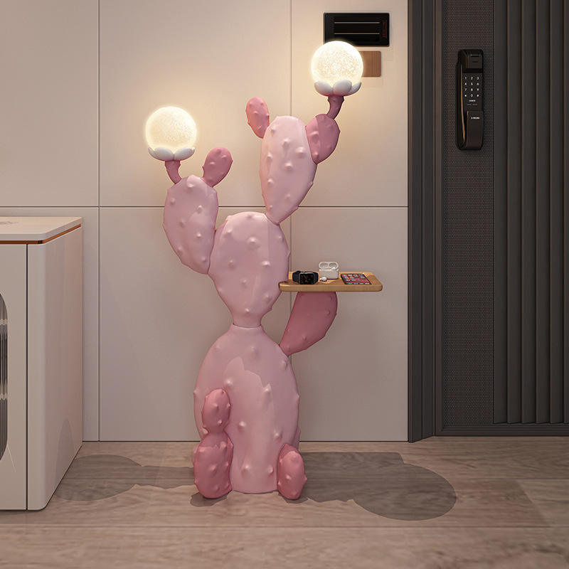 Pink Resin Cactus Floor Lamp with 2 Globe Lights and Tray