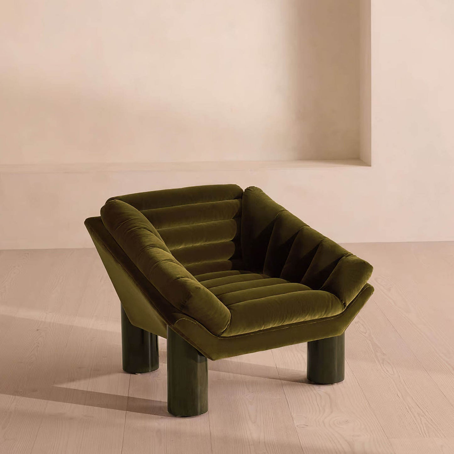 Olive Green Velvet Accent Chair with Channel Tufting and Wood Legs