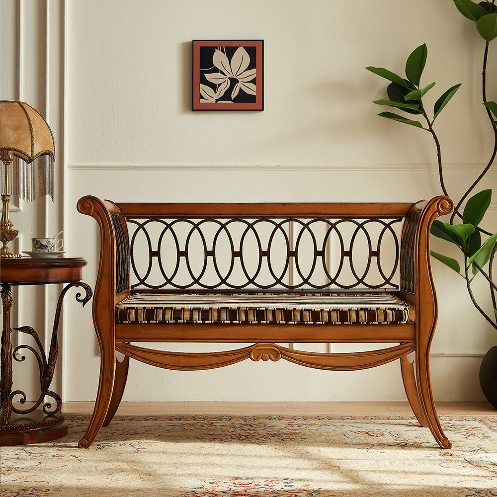 Amber Brown Solid Birch Wood Loveseat Bench, Vintage-Inspired 2-Person Upholstered Settee with Curved Arms, Open Loop Back and Removable Seat Cushion for Living Room, Entryway and Bedroom