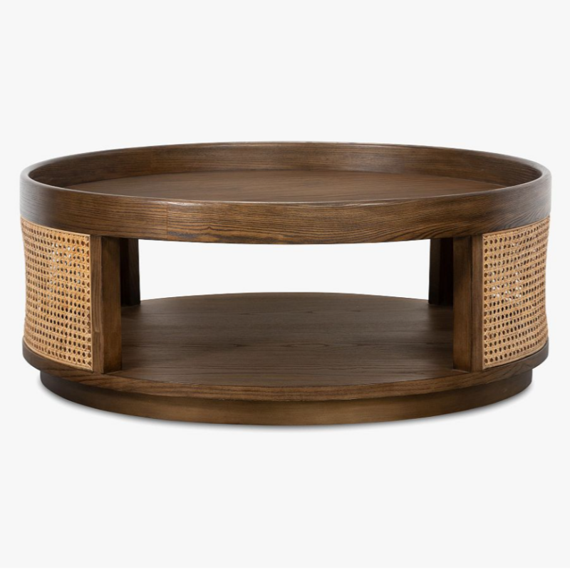 Round Wood Rattan Coffee Table, Cane Woven Center Table with Lower Storage Shelf for Living Room, Hotel, Villa, Farmhouse Lounge Decor