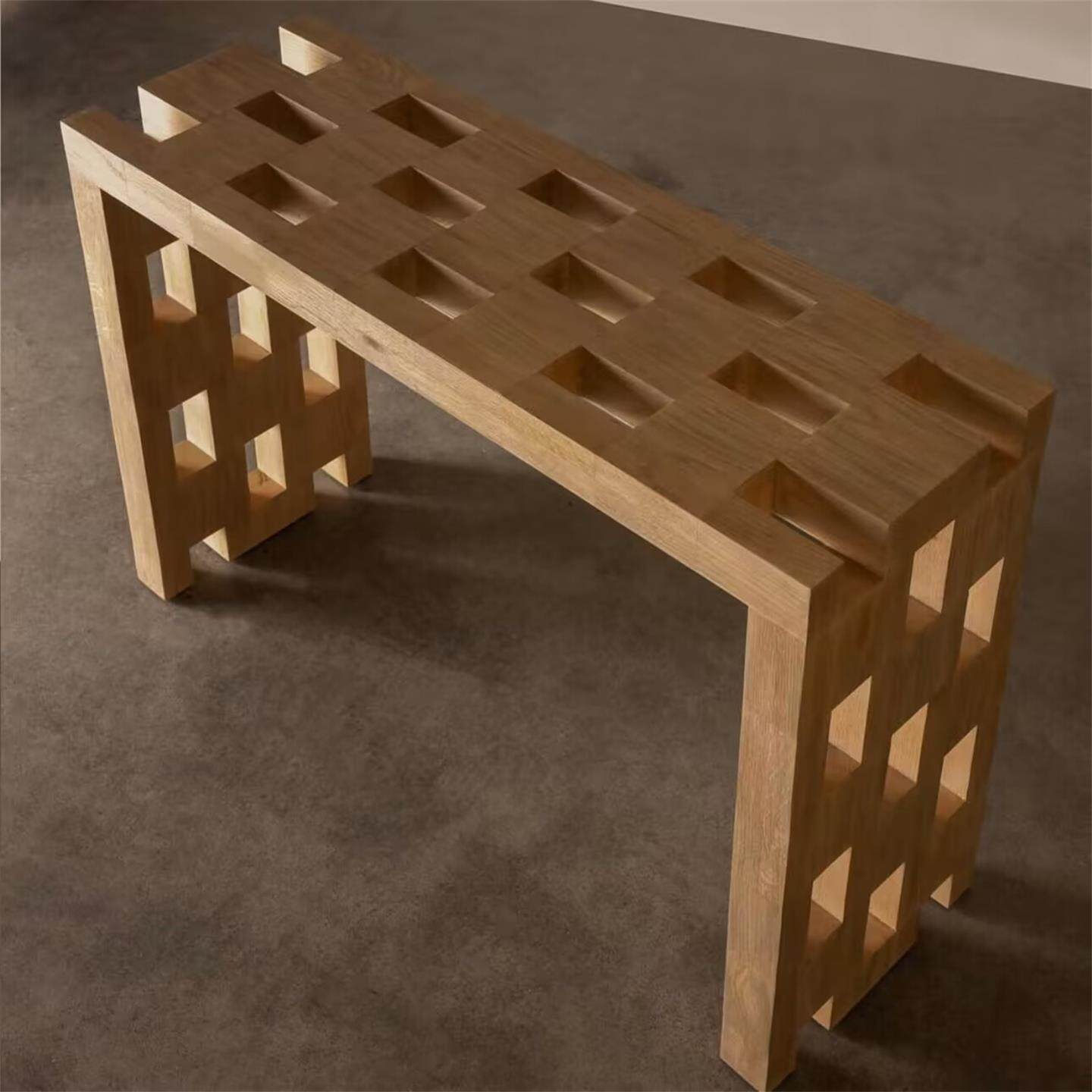 Solid Wood Console Table, 55 Inch Narrow Entryway Table with Geometric Open Base, Natural Wood Sofa Table for Hallway, Foyer, Living Room, Behind Couch, Entry Decor