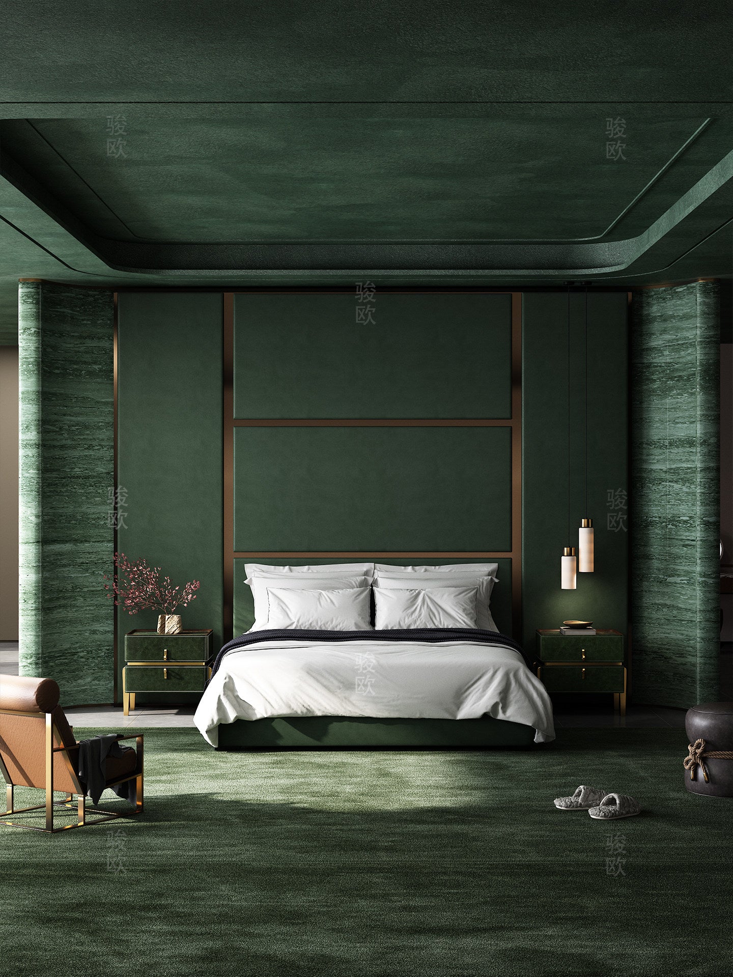 Emerald Green Nightstand with 2 Drawers, Modern Leather Look Bedside Table with Marble Pattern Top, Gold Tone Legs and Solid Wood Frame, Luxury Accent End Table for Bedroom, Living Room