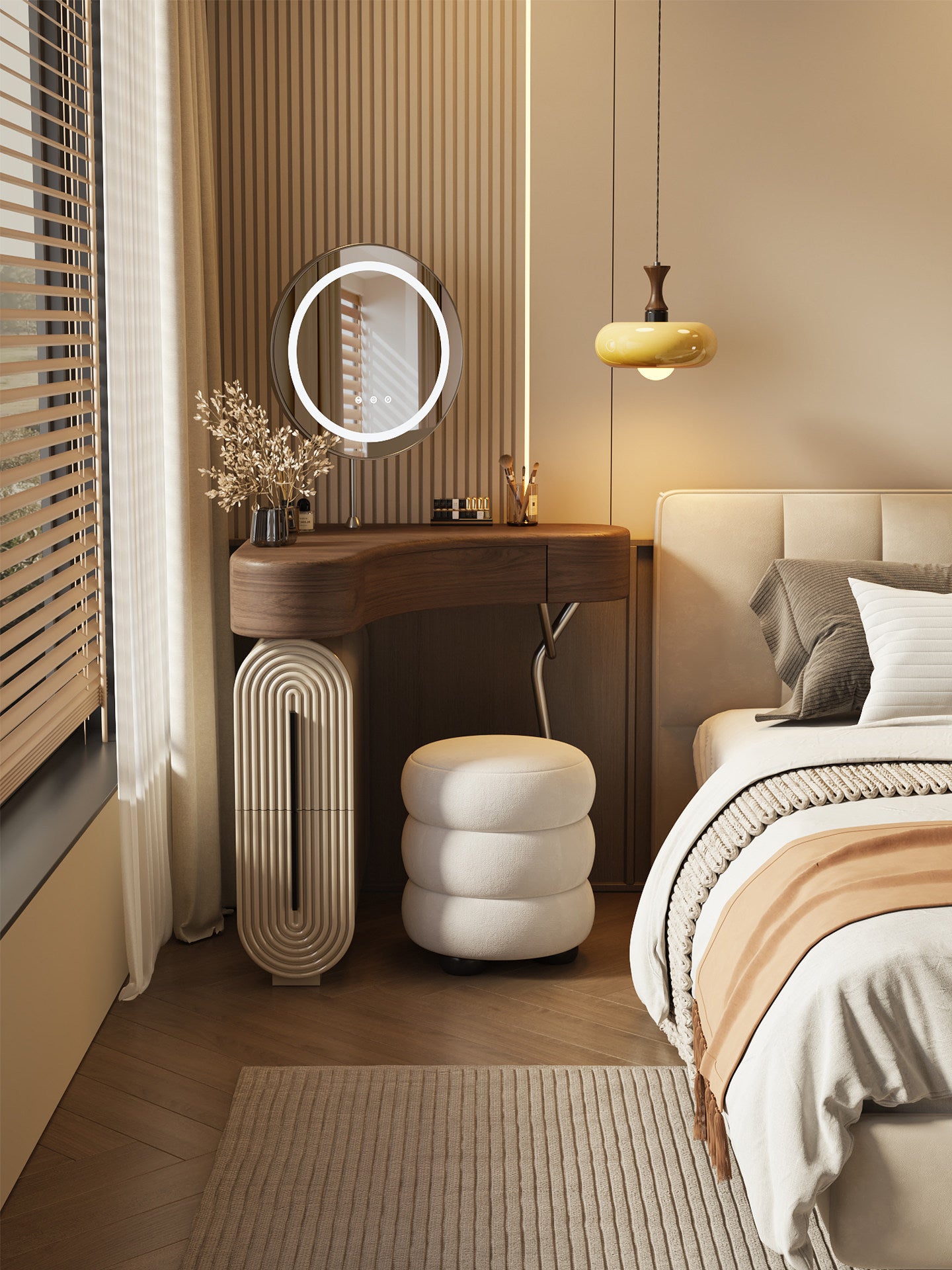 Corner Vanity Table Set with Mirror and Round Stool, Walnut and Khaki Gray