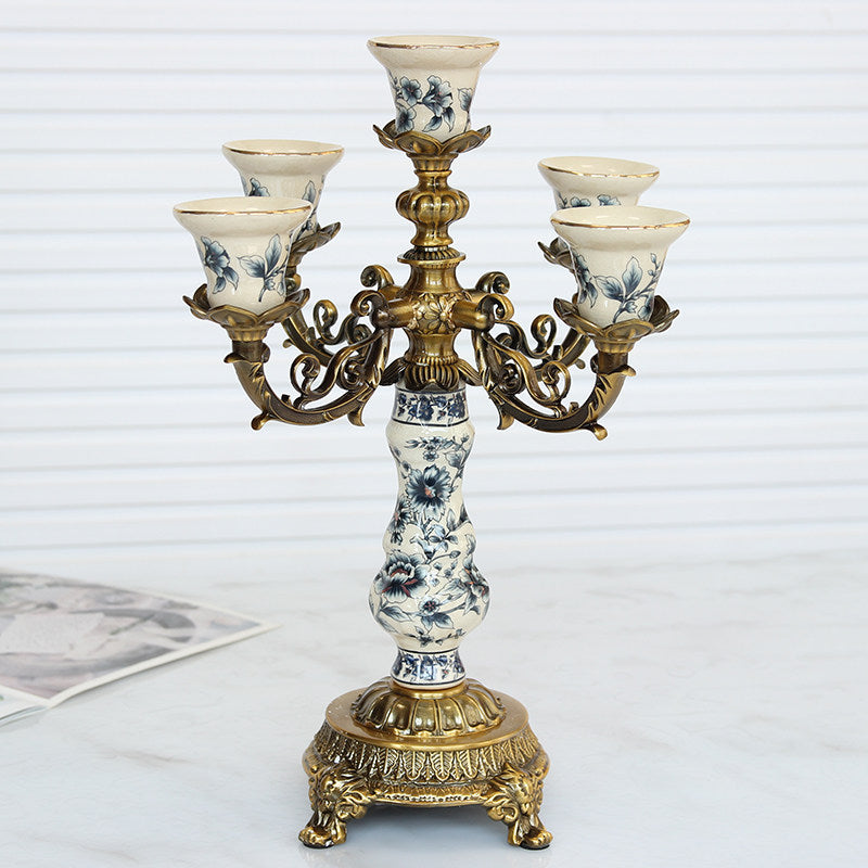 5-Arm Ceramic Candelabra with Antique Gold Metal Base, Decorative Candle Holder Centerpiece for Dining Table, Mantel, Wedding, Living Room &amp; Entryway, Blue Floral Porcelain Design