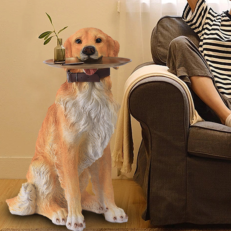 Golden Retriever Dog Statue Tray Holder, Large Resin Dog Floor Decor with Gold Round Tray, Entryway Key Bowl Stand for Living Room, Hallway, TV Cabinet and Housewarming Gift