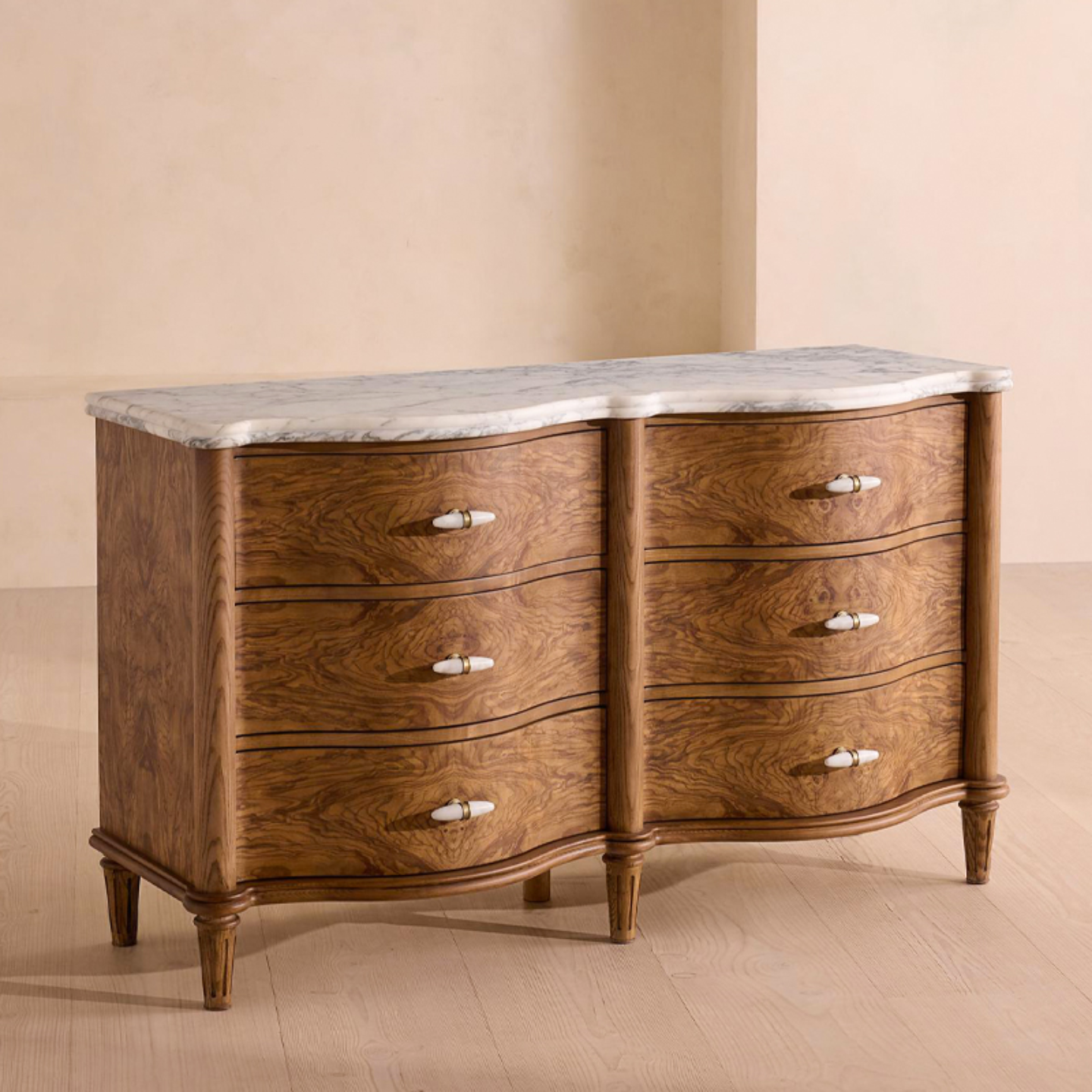 Burl Wood 6 Drawer Dresser with Marble Top, Curved Front Solid Wood Sideboard Chest, Wabi Sabi Inspired Storage Cabinet for Bedroom, Living Room, Entryway, Dining Room, and Hallway