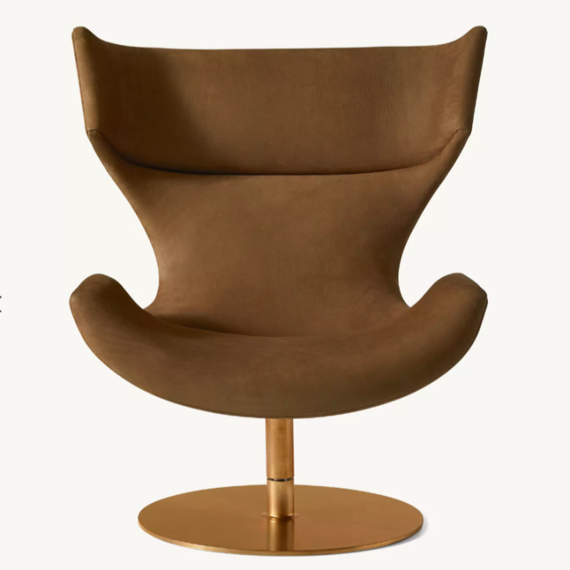 Brown Wingback Swivel Lounge Chair, Upholstered Accent Chair with Gold Metal Pedestal Base for Living Room, Bedroom, Hotel, Villa, Studio