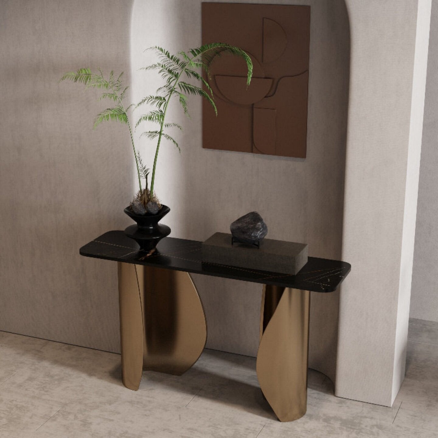 Champagne Gold Console Table, Black Sintered Stone Top