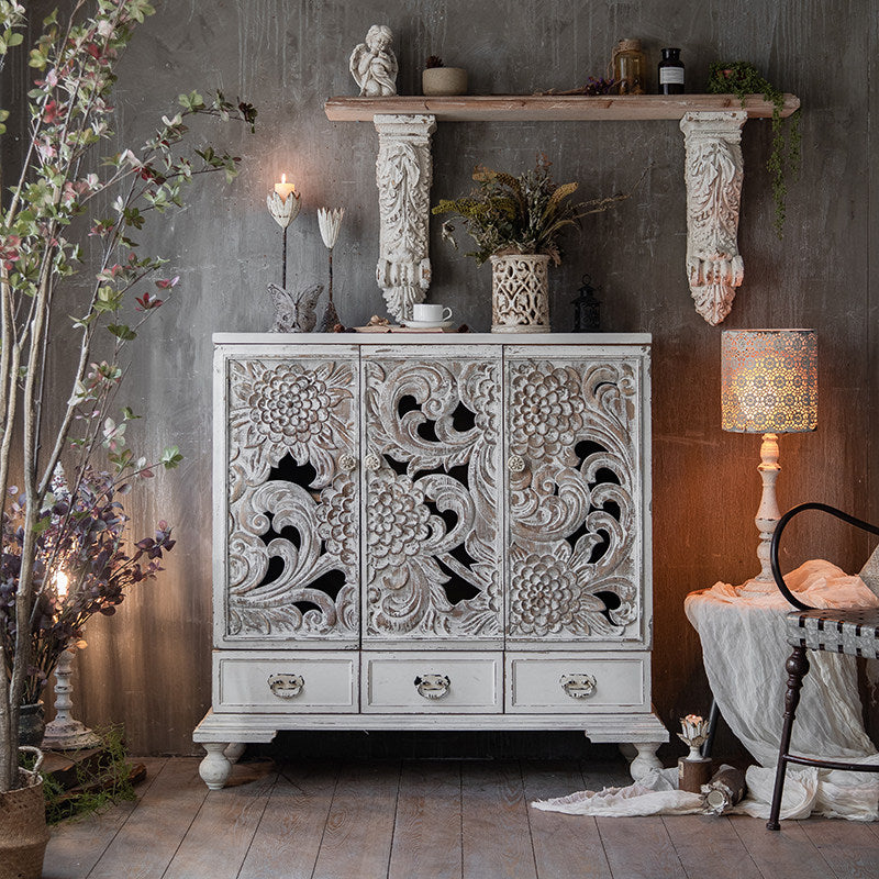 Distressed White Carved Wood Storage Cabinet with 3 Doors and 3 Drawers