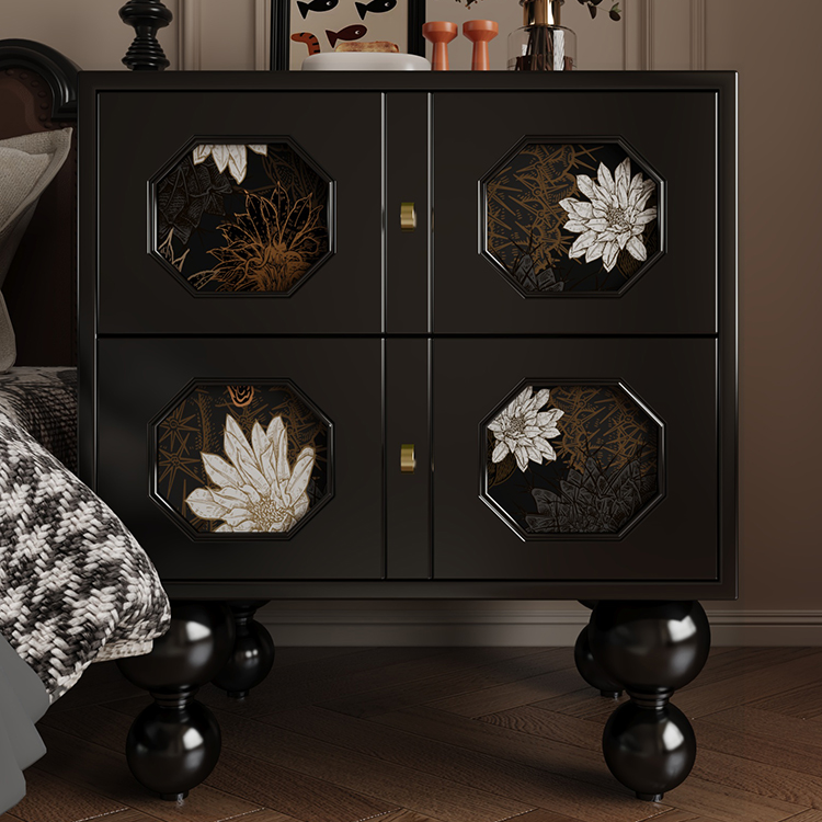 Black 2-Drawer Nightstand, Wood Bedside Table with Botanical Accent Panels, Gold-Tone Pulls and Turned Ball Legs for Bedroom, Living Room or Guest Room
